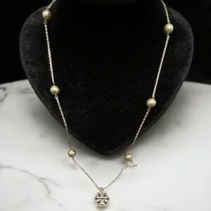New Auth Tory Burch Silver Hexagon Logo 24” Long Necklace Chain w/ Silver Pearls